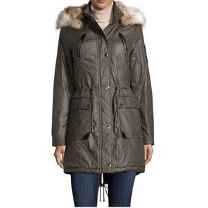 Brown Parka Coat with Faux Fur Hood